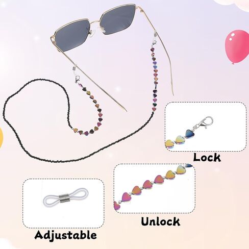 Heart Beaded Glasses Strap, Heart-Shaped Shungite Glasses Chain for Women, Multicolor Heart Beaded Eyeglass Holders Around Neck for Women Men Sunglasses in Saudi Arabia