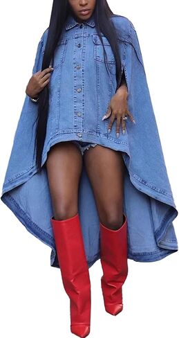 SOMTHRON Women's Long Denim Jacket Button Down Lapel Irregular High Low Poncho Cape Vintage Jean Coat Outerwear in Saudi Arabia