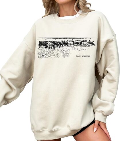 FITIN Unisex Thank a Farmer Sweatshirt – Vintage Cattle Ranch Graphic Western Country Crewneck Pullover in Kuwait