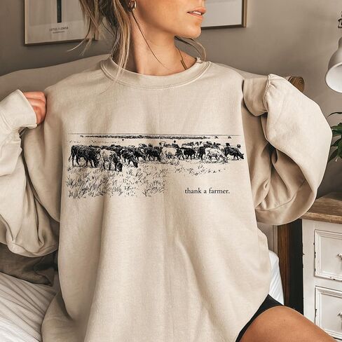 FITIN Unisex Thank a Farmer Sweatshirt – Vintage Cattle Ranch Graphic Western Country Crewneck Pullover in Kuwait