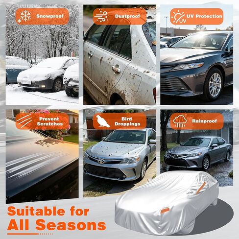 غطاء سيارة iCOVER، مقاوم للماء لجميع الأحوال الجوية لسيارة Toyota Camry، Honda Accord، BMW 5 Series، Mercedes E-Class، Audi A6 (الطول 192 بوصة إلى 198 بوصة) غطاء خارجي كامل خارجي مع أغطية إطارات قابلة للفصل in Kuwait