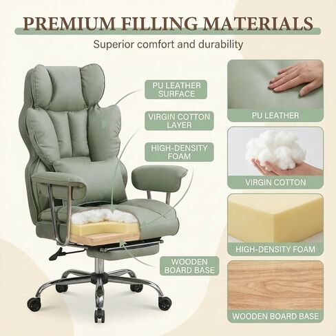 Big and Tall Office Chair 400lbs - Heavy Duty Executive Desk Chair with Footrest, High Back PU Leather Ergonomic Computer Chair with Extra Wide Seat & Thick Cushion for Home Office (Green) in Saudi Arabia