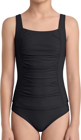 Beautyin الفتيات ملابس السباحة Ruched Tankini مجموعة 2 قطعة الفتيات في سن المراهقة ثوب السباحة بلون قابل للتعديل الأشرطة ملابس السباحة 7-16Y in Saudi Arabia