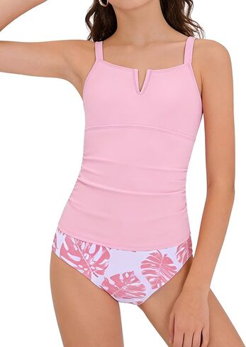 Weixinbuy في سن المراهقة الفتيات المايوه 2 قطعة الخامس الرقبة لباس سباحة Ruched Tankini أعلى + الاستوائية المطبوعة أسفل ملابس السباحة مجموعة ل 9-16Y in Saudi Arabia