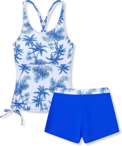 طقم ملابس سباحة للفتيات تانكيني مكون من قطعتين بطباعة النخيل الاستوائية للأعمار من 7 إلى 16 عامًا in Kuwait