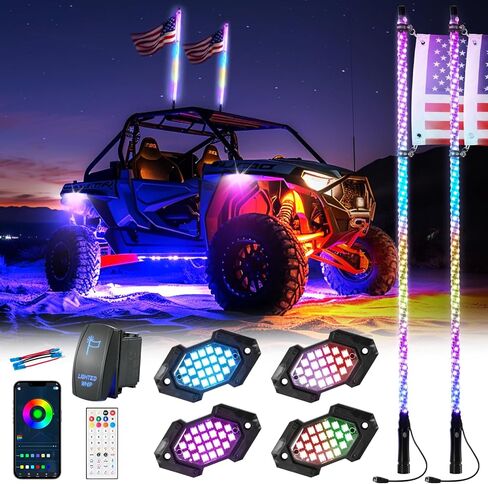 4FT Whip Lights with Strobe Light Combo Kit - Spring Base, Rocker Switch ＆ App Control - Universal for UTV/ATV/RZR/SxS/Can-am, 2 Pack in Saudi Arabia