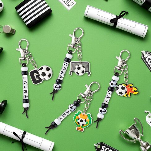 Y1tvei Soccer DIY Keychains Set - Football Beads Charms Making Kit, Create Your Own Bead Keychains with Acrylic and Cards DIY Crafts Bracelet Accessory Gift for Kids Soccer Lover Zipper Bag Hanger Key in Saudi Arabia
