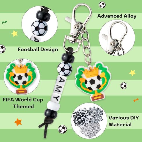 Y1tvei Soccer DIY Keychains Set - Football Beads Charms Making Kit, Create Your Own Bead Keychains with Acrylic and Cards DIY Crafts Bracelet Accessory Gift for Kids Soccer Lover Zipper Bag Hanger Key in Saudi Arabia