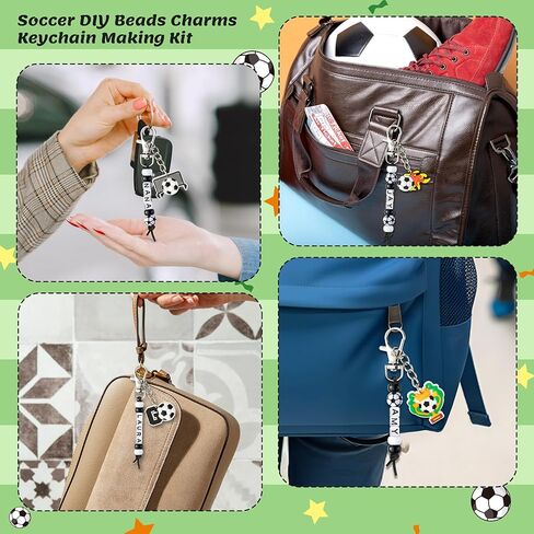Y1tvei Soccer DIY Keychains Set - Football Beads Charms Making Kit, Create Your Own Bead Keychains with Acrylic and Cards DIY Crafts Bracelet Accessory Gift for Kids Soccer Lover Zipper Bag Hanger Key in Saudi Arabia