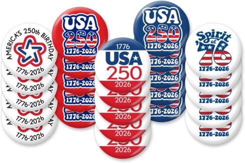 America 250th - 25-Pack MINI Buttons, 1 Inch Lapel Pins, Red White and Blue Patriotic Designs - American Revolution 250 1776-2026 USA - Set 039 in Kuwait