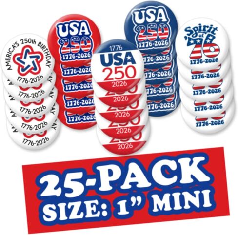 America 250th - 25-Pack MINI Buttons, 1 Inch Lapel Pins, Red White and Blue Patriotic Designs - American Revolution 250 1776-2026 USA - Set 039 in Kuwait