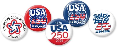 America 250th - 25-Pack MINI Buttons, 1 Inch Lapel Pins, Red White and Blue Patriotic Designs - American Revolution 250 1776-2026 USA - Set 039 in Kuwait
