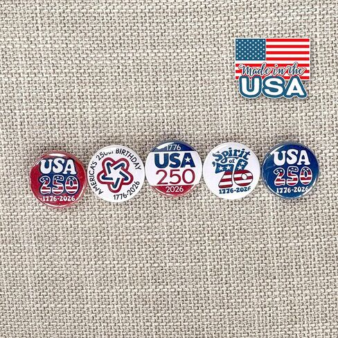 America 250th - 25-Pack MINI Buttons, 1 Inch Lapel Pins, Red White and Blue Patriotic Designs - American Revolution 250 1776-2026 USA - Set 039 in Kuwait