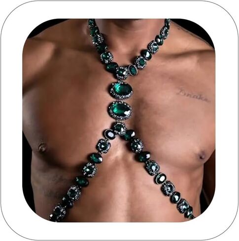 STONEFANS Rhinestone Green Body Chain Harness Men Crystal Waist Chain Belt Sexy Men Chest Chains Festival Rave Body Jewelry Adjustable (Green) in Saudi Arabia