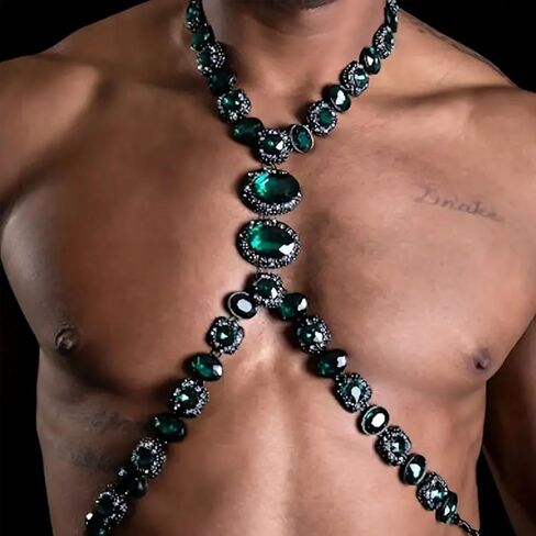 STONEFANS Rhinestone Green Body Chain Harness Men Crystal Waist Chain Belt Sexy Men Chest Chains Festival Rave Body Jewelry Adjustable (Green) in Saudi Arabia