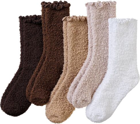Eocom Womens Fuzzy Ruffle Socks Slipper Fluffy Cozy Frilly Soft Plush Warm Winter Thick Crew Socks 5 Pairs in Kuwait