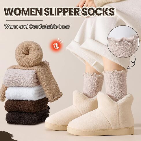 Eocom Womens Fuzzy Ruffle Socks Slipper Fluffy Cozy Frilly Soft Plush Warm Winter Thick Crew Socks 5 Pairs in Kuwait