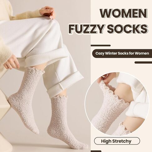 Eocom Womens Fuzzy Ruffle Socks Slipper Fluffy Cozy Frilly Soft Plush Warm Winter Thick Crew Socks 5 Pairs in Kuwait