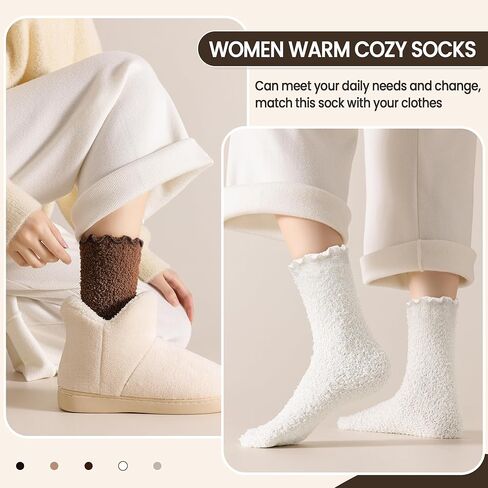 Eocom Womens Fuzzy Ruffle Socks Slipper Fluffy Cozy Frilly Soft Plush Warm Winter Thick Crew Socks 5 Pairs in Kuwait