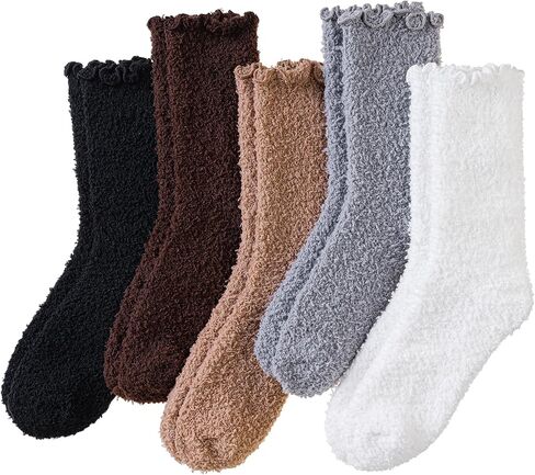 Eocom Womens Fuzzy Ruffle Socks Slipper Fluffy Cozy Frilly Soft Plush Warm Winter Thick Crew Socks 5 Pairs in Kuwait