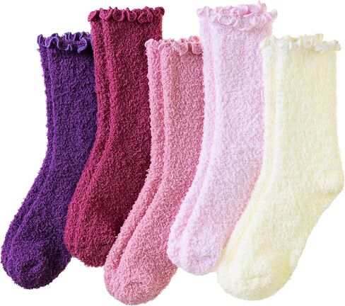 Eocom Womens Fuzzy Ruffle Socks Slipper Fluffy Cozy Frilly Soft Plush Warm Winter Thick Crew Socks 5 Pairs in Kuwait