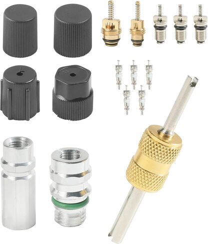 مجموعة صمامات شريدر AC 17 قطعة، مجموعة صمامات التيار المتردد الأساسية لملحقات السيارات مع أداة إزالة، متوافقة مع مبردات R12، R22، R134، مناسبة لاستبدال وإصلاح مكيفات هواء السيارة in Kuwait