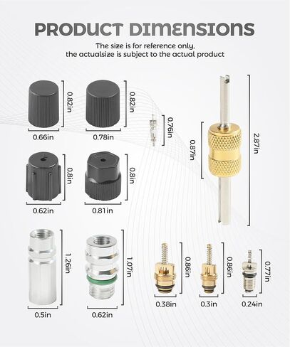 مجموعة صمامات شريدر AC 17 قطعة، مجموعة صمامات التيار المتردد الأساسية لملحقات السيارات مع أداة إزالة، متوافقة مع مبردات R12، R22، R134، مناسبة لاستبدال وإصلاح مكيفات هواء السيارة in Kuwait