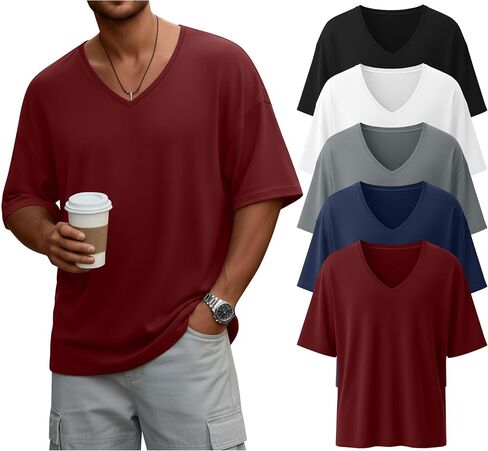 Neer 5 Pack Men's Oversized T Shirts V Neck Short Sleeve Soft Shirts Casual Basic Tee Loose Workout Solid Tops in Saudi Arabia