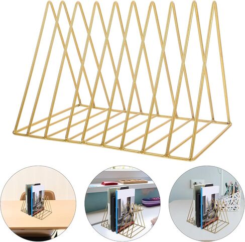 Metal Book Rack Desktop Organizer Large Iron Triangle Bookshelf Holder Gold Desktop Book Holder for Office Table Storage and Magazine File Rack in Saudi Arabia