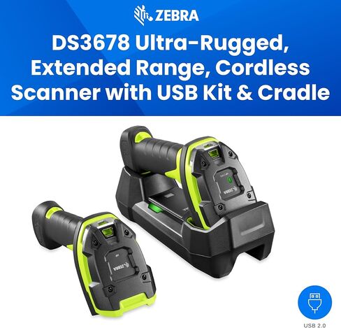 Zebra DS3678-ER Rugged Barcode Scanner | 1D 2D QR Code Scanner Extended Range | USB Kit | Vibration Motor | Cradle |Shielded USB Cable | Cordless (Renewed) in Saudi Arabia