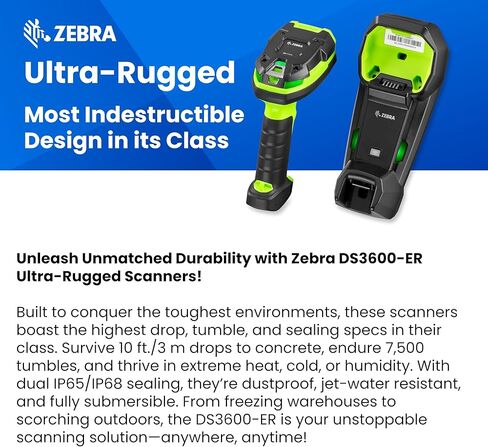 Zebra DS3678-ER Rugged Barcode Scanner | 1D 2D QR Code Scanner Extended Range | USB Kit | Vibration Motor | Cradle |Shielded USB Cable | Cordless (Renewed) in Saudi Arabia