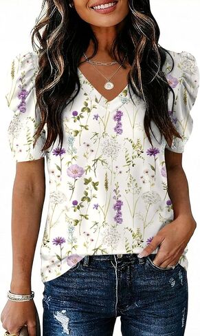 IECCP Women V Neck T Shirts Puff Short Sleeve Tops Fashion Dressy Casual Tunic Loose Fit Blouses in Saudi Arabia