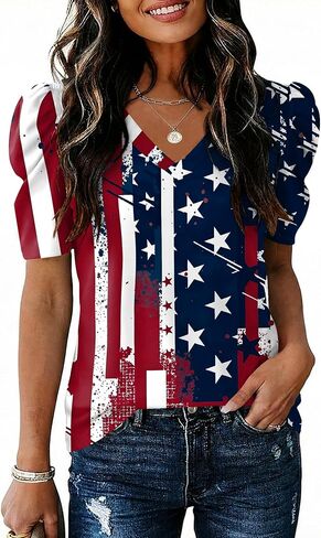 IECCP Women V Neck T Shirts Puff Short Sleeve Tops Fashion Dressy Casual Tunic Loose Fit Blouses in Saudi Arabia
