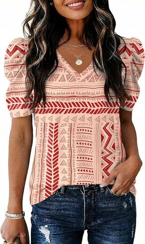 IECCP Women V Neck T Shirts Puff Short Sleeve Tops Fashion Dressy Casual Tunic Loose Fit Blouses in Saudi Arabia