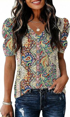 IECCP Women V Neck T Shirts Puff Short Sleeve Tops Fashion Dressy Casual Tunic Loose Fit Blouses in Saudi Arabia
