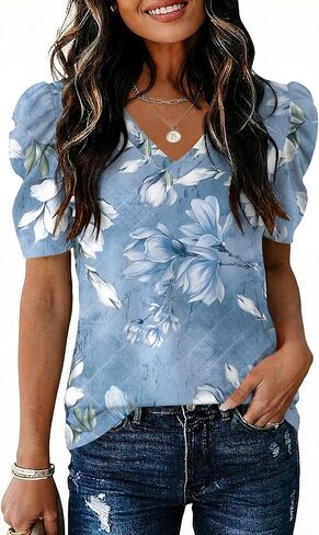 IECCP Women V Neck T Shirts Puff Short Sleeve Tops Fashion Dressy Casual Tunic Loose Fit Blouses in Saudi Arabia