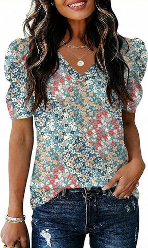 IECCP Women V Neck T Shirts Puff Short Sleeve Tops Fashion Dressy Casual Tunic Loose Fit Blouses in Saudi Arabia