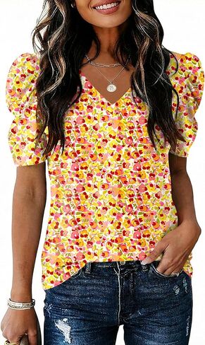 IECCP Women V Neck T Shirts Puff Short Sleeve Tops Fashion Dressy Casual Tunic Loose Fit Blouses in Saudi Arabia