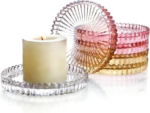 مجموعة من 6 حاملات شموع على شكل عمود زجاجي، لوحات شموع مستديرة مقاس 4 بوصة باللون الكهرماني الوردي الشفاف، حامل عرض بحافة مسننة متعددة الألوان لديكور طاولة حفلات الزفاف in Kuwait