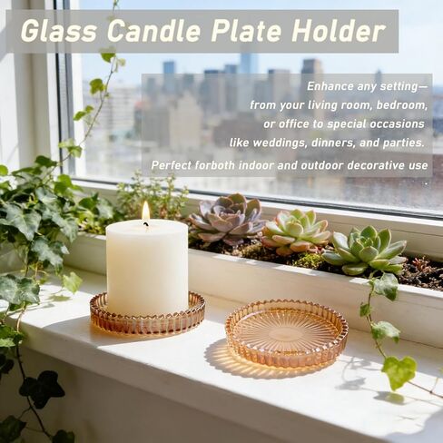 مجموعة من 6 حاملات شموع على شكل عمود زجاجي، لوحات شموع مستديرة مقاس 4 بوصة باللون الكهرماني الوردي الشفاف، حامل عرض بحافة مسننة متعددة الألوان لديكور طاولة حفلات الزفاف in Kuwait