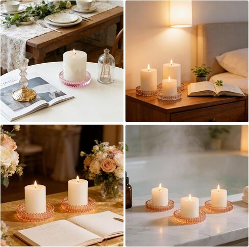 مجموعة من 6 حاملات شموع على شكل عمود زجاجي، لوحات شموع مستديرة مقاس 4 بوصة باللون الكهرماني الوردي الشفاف، حامل عرض بحافة مسننة متعددة الألوان لديكور طاولة حفلات الزفاف in Kuwait