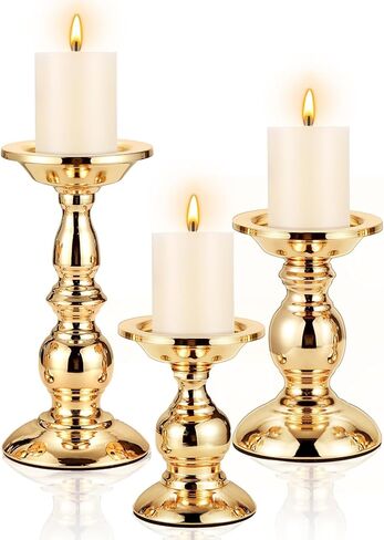 3 Sets Gold Pillar Candle Holders Metal Candle Holders for Pillar Candles, LED Flameless Candles 5, 6, 9 Inch Tall for Table Centerpiece, Fireplace Decor in Saudi Arabia