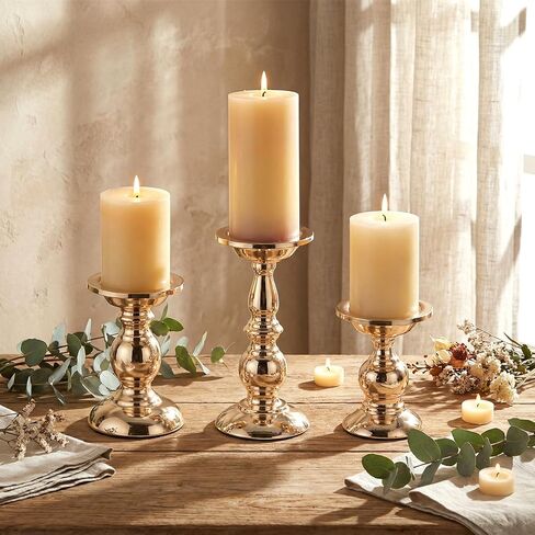 3 Sets Gold Pillar Candle Holders Metal Candle Holders for Pillar Candles, LED Flameless Candles 5, 6, 9 Inch Tall for Table Centerpiece, Fireplace Decor in Saudi Arabia
