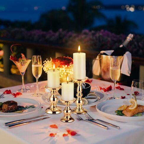 3 Sets Gold Pillar Candle Holders Metal Candle Holders for Pillar Candles, LED Flameless Candles 5, 6, 9 Inch Tall for Table Centerpiece, Fireplace Decor in Saudi Arabia