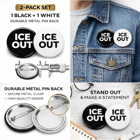 2 Pack LARGE SIZES ICE OUT Advocacy Pins - Bold Statement Black and White Lapel Button Badge - Choose Size in Saudi Arabia