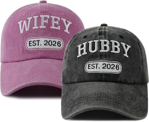 2 قطعة قبعات Hubby and Wifey 2026 للرجال والنساء، قبعة بيسبول مضحكة قابلة للتعديل من القطن المطرزة للزوج والزوجة in Kuwait