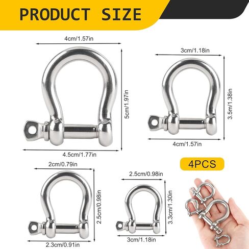 4 Pack Bow Shackle, 1/2", 3/8", 5/16", 1/4",Marine Grade Stainless Steel Shackles, Screw Pin Anchor Shackle Great for Boat, Sailboat, Chain, Rigging Clasp and Compatible with Other Hardware in Kuwait