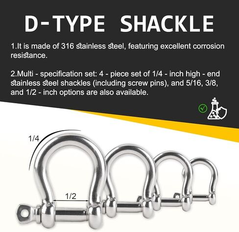4 Pack Bow Shackle, 1/2", 3/8", 5/16", 1/4",Marine Grade Stainless Steel Shackles, Screw Pin Anchor Shackle Great for Boat, Sailboat, Chain, Rigging Clasp and Compatible with Other Hardware in Kuwait