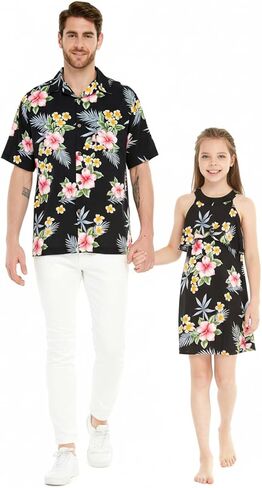 Matchable Hawaiian Luau Father Daughter Men Shirt Girl Round Neck Dress in Hibiscus in Saudi Arabia