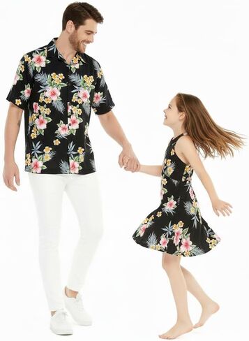 Matchable Hawaiian Luau Father Daughter Men Shirt Girl Round Neck Dress in Hibiscus in Saudi Arabia